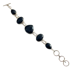 Black Obsidian Metal Bracelet with natural black obsidian stones and silver metal design for protection, grounding, and chakra balance.