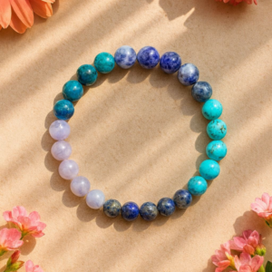 Communication & Confidence Bracelet with Turquoise, Sodalite, Apatite, Blue Lace Agate, and Lapis Lazuli for clear speech and confidence.