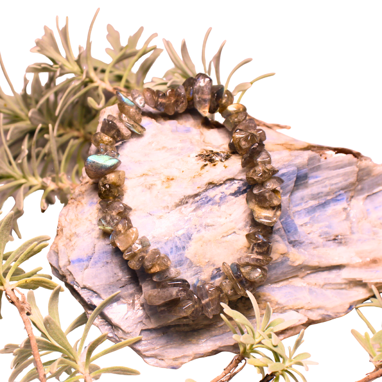 Labradorite Bracelet Natural labradorite chips bracelet with blue flashes worn on wrist for protection and intuition.