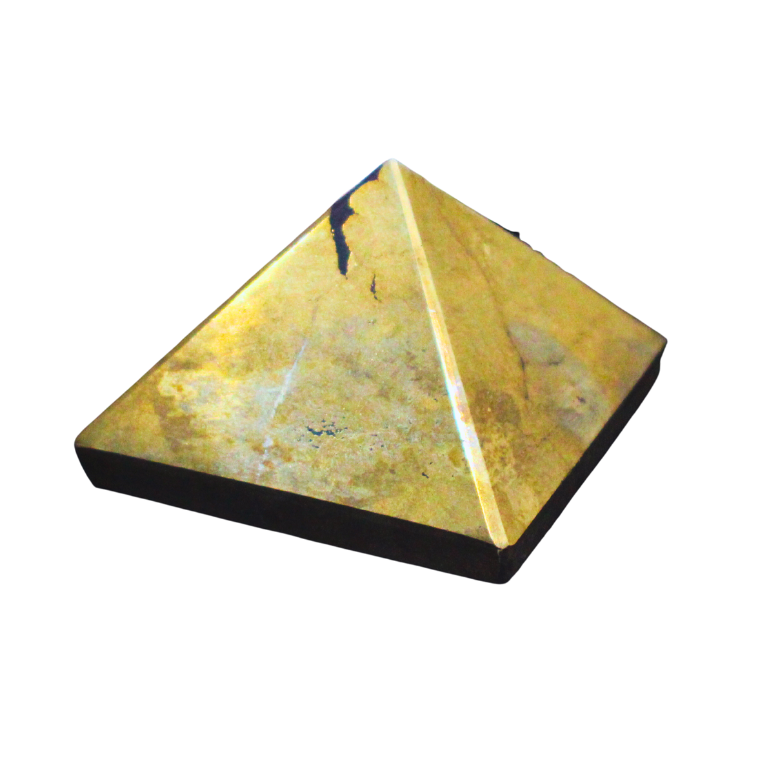Pyrite Pyramid Pyrite crystal pyramid with shiny golden surface and pointed tip for wealth and protection.