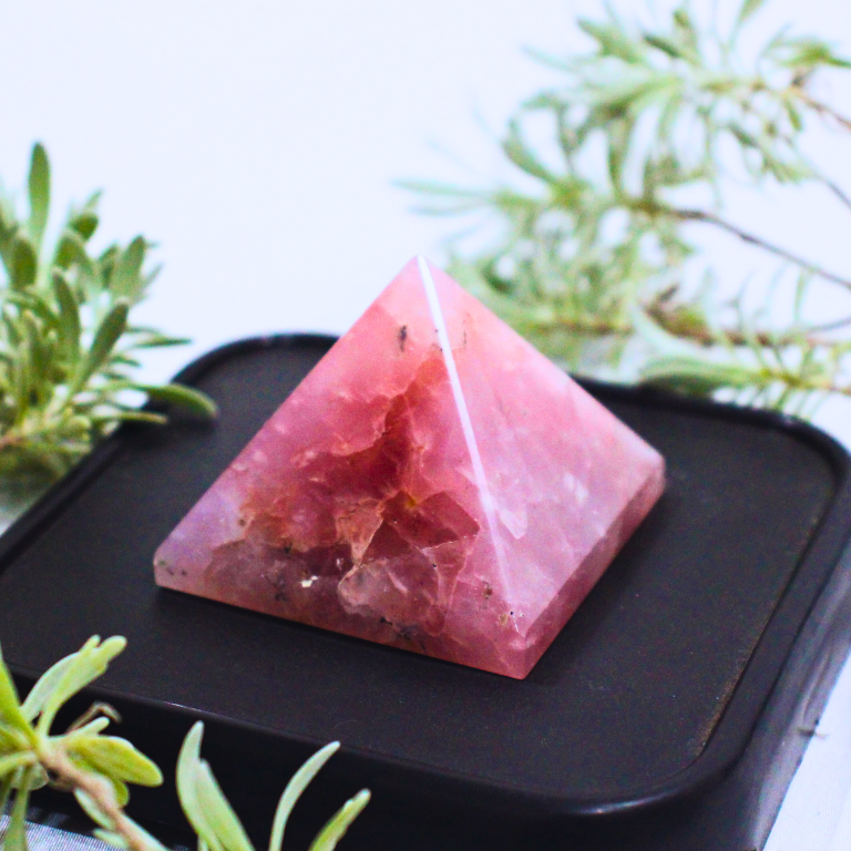 Rose Quartz Pyramid Rose Quartz crystal pyramid for love, emotional healing, and Heart Chakra balance.
