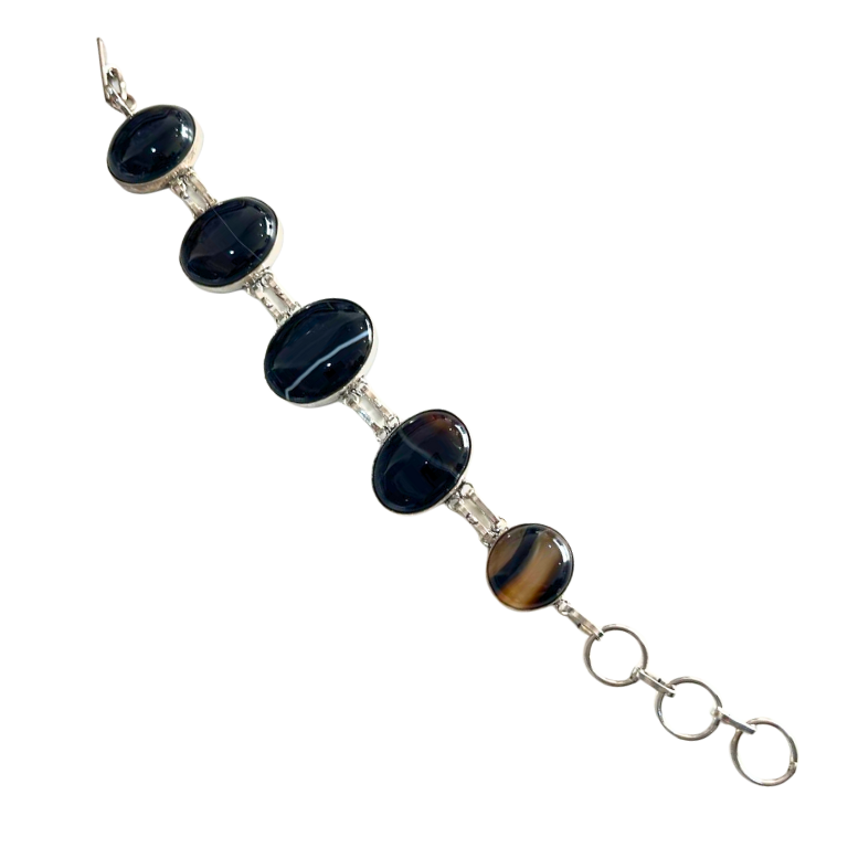 Sulemani Hakik (Black Agate) Metal Bracelet Sulemani Hakik Black Agate Metal Bracelet with natural black agate stones and silver metal design for protection and grounding energy.