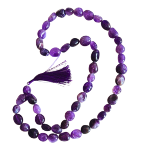 Amethyst tumbled mala necklace made with natural purple polished stones.
