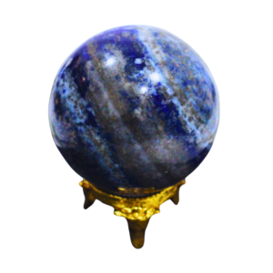 Natural lapis lazuli crystal ball with deep blue color and golden pyrite flecks.