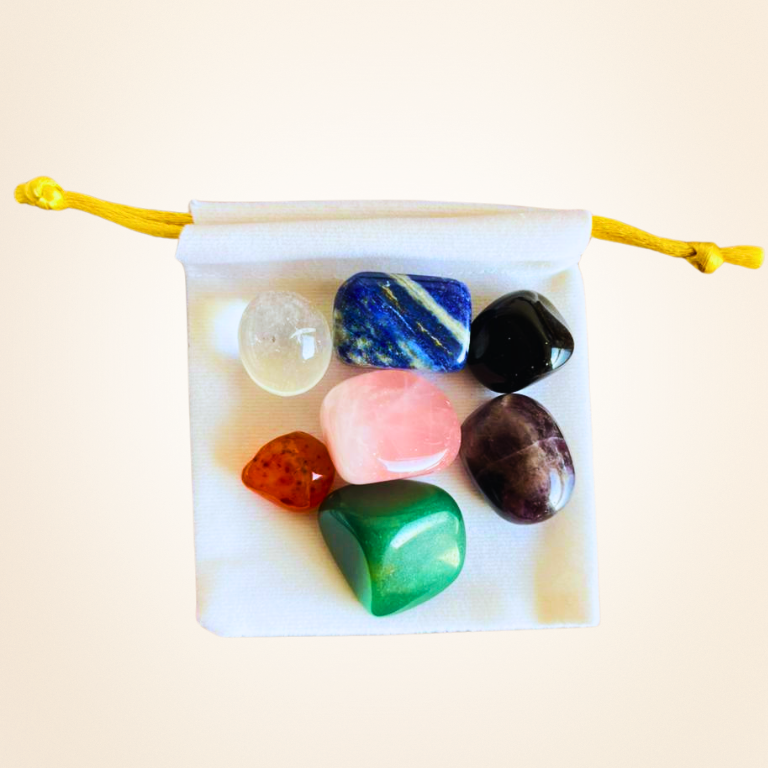 Love & Harmony Tumbled Crystal Set Love & Harmony Crystal Set featuring Rose Quartz, Amethyst, Clear Quartz, Lapis Lazuli, Green Jade, Black Obsidian, and Red Carnelian arranged beautifully for love, emotional healing, protection, and positive energy.