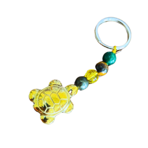 Prosperity crystal key ring with Citrine, Pyrite, Green Jade, Tiger Eye, and Golden Hematite Tortoise for abundance and protection.