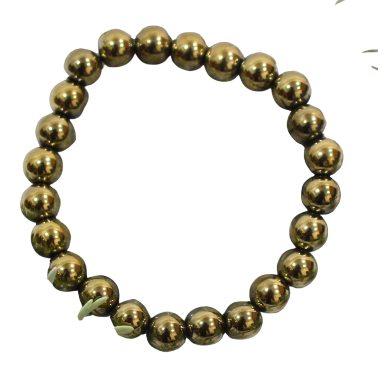Golden Hematite Bracelet (1) Golden hematite beaded bracelet with shiny metallic finish, designed for grounding, protection, and confidence.