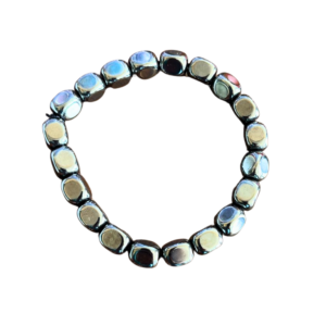 Hematite tumbled bead bracelet with a smooth metallic finish, designed for grounding, protection, and mental clarity.