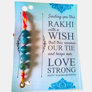 Handcrafted Blue Apatite Rakhi featuring a natural Blue Apatite gemstone, symbolizing clarity, motivation, creativity, positive communication, and personal growth.