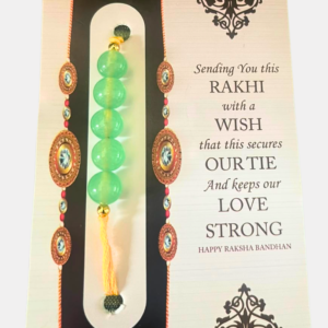Handcrafted Green Aventurine Rakhi featuring a natural Green Aventurine gemstone, symbolizing growth, luck, harmony, confidence, and positive energy.