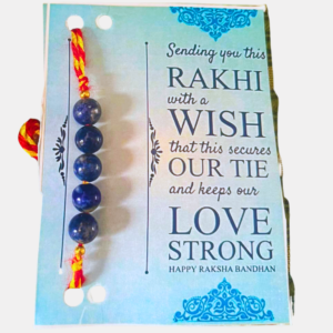 Handcrafted Lapis Lazuli Rakhi featuring a natural Lapis Lazuli gemstone, symbolizing wisdom, confidence, clear communication, mental clarity, and spiritual awareness.
