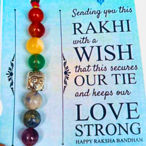 Handcrafted 7 Chakra Beads Rakhi featuring natural chakra gemstones that symbolize balance, harmony, positivity, spiritual well-being, and the bond of Raksha Bandhan.