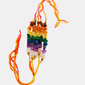Handcrafted 7 Chakra Crystal Chips Rakhi featuring natural crystal chips that symbolize chakra balance, harmony, positivity, spiritual well-being, and the bond of Raksha Bandhan.